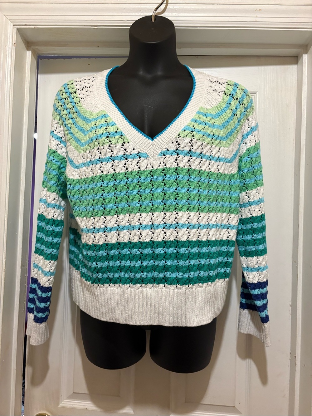 Women's V-Neck Stripe Knit Sweater in White and Teal